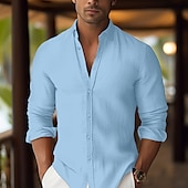 preiswerte Urlaub-Herren Hemd Leinenhemd Sommerhemd Strandbekleidung Knopfhemd Einfach Urlaub Kreuzfahrt Weiß Rosa Blau Orange Langarm Revers Frühling &amp; Sommer Bekleidung