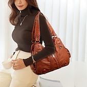 cheap Handbag &amp; Totes-Women&#039;s Handbag Shoulder Bag Hobo Bag Boston Bag PU Leather Daily Holiday Zipper Large Capacity Waterproof Breathable Solid Color Black Brown