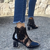 baratos Botas de tornozelo-botins femininos de renda branca com salto bloco transparente - perfeitos para casamentos e eventos especiais