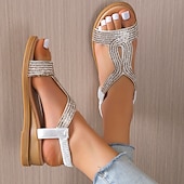 baratos Sandálias de Férias-sandálias rasteiras femininas com strass dourados e tira elástica – sapatos de verão elegantes e confortáveis para uso casual e de festa