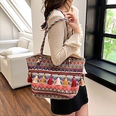 economico Borsette e borse tote-borsa tote in tela ricamata bohémien – borsa a tracolla con nappe colorate per donna, borsa da viaggio casual da spiaggia