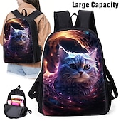 olcso Nyomtatott hátizsákok-Nagy kapacitású galaxis macskás hátizsák USB porttal – kozmikus 3D-s állatos iskolatáska laptop rekesszel általános iskolába vagy utazáshoz