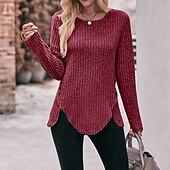 preiswerte Damen Einfache Oberteile-Damen T Shirt Burgunderrotes T-Shirt Glatt Basic Langarm Rundhalsausschnitt Normale Oberteile Täglich Wochenende Schwarz Wein Blau Grün Grau Herbst Winter