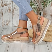 billige Ferietøfler-Damesandaler med metallisk gullfarget espadriller i kunstskinn med åpen tå og spenne, uformelle sommerkilesko for ferie, strand og hverdagsantrekk.