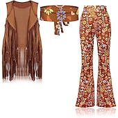 preiswerte Outfits-Retro Vintage 1960er Hippie Hose Stirnband Wildlederweste Stirnbänder Ärmellos Hippie Geometrisch Damen Halloween Karneval Maskerade Party &amp; Abend Pride Parade Pride-Monat Erwachsene Weste Hose