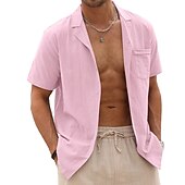 ieftine Business Casual-Bărbați cămașă de in Cămașă de vară Cămașă de plajă Camașă cu nasturi Simplu Vacanță Hawaiian Negru Alb Roz Îmbujorat Albastru piscină Manșon scurt Rever Primavara vara Îmbrăcăminte De Bază