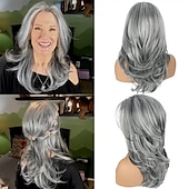 abordables Perruques Synthétiques Sans Bonnet-perruques grises longues couches pour femmes perruque ondulée argentée perruques de remplacement de cheveux d&#039;aspect naturel perruque de cheveux synthétiques résistant à la chaleur pour une