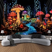 cheap Blacklight Tapestries-Mushroom Fantasy Blacklight Tapestry Glow in the Dark Glow Party UV Reactive Trippy Misty Nature Landscape Hanging Tapestry Wall Art Mural for Living Room Bedroom
