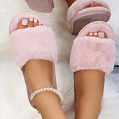 cheap Women's Slippers &amp; Flip-Flops-Women's Plush Fuzzy Open-Toe Slippers – Cozy Indoor Home Shoes with Soft Faux Fur for Winter Comfort