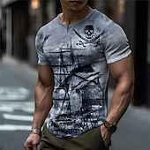 cheap Skull &amp; Bone-Men&#039;s Graphic Nautical Pirate Skulls Waffle T Shirt Short Sleeve T shirt 3D Print V Neck Shirt Fashion Designer Basic Outdoor Daily Sports Blue Green Khaki Summer Clothing Apparel S M L XL 2XL 3XL