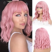 baratos Perucas de Carnaval-Perucas Laranja Vermelha para Mulheres Curta Ondulada Bob com Franja Peruca Cacheada Ruiva Comprimento até o Ombro Cabelo Vermelho Cobre 14 Polegadas Peruca Sintética Colorida para Cosplay Uso Diário