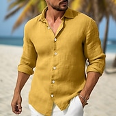 economico Vacanza-Per uomo Camicia camicia di lino Camicia estiva Abbigliamento mare Camicia con bottoni Liscio Da mare Curise Giallo Blu marino Manica lunga Collo ripiegabile Primavera estate Abbigliamento