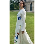 billige Kunst og Design Kjole-Kvinners Maxi Kjole Shift Kjole Sving Kjole Lang Kjole Grønn Blå Grå Hvit Svart Lang Ermeløs Fjær Sommerfugl Lomme Print Sommer Vår V Utringning Stilfull Fritids Kjole 2023 S M L XL XXL XXXL 4XL 5XL