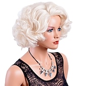economico parrucca più vecchia-parrucche corte bionde ricce per le donne grandi parrucche ondulate anni &#039;80 flip parrucche cosplay costume party halloween capelli sintetici biondo platino parrucche naturali mamma con berretto