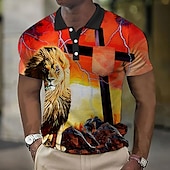 halpa Miesten vintage poolo-Miesten Leijona Graafiset tulosteet Risti Vohveli poolopaita Poolopaita Lapel Polo Button Up Polos Golfpaita Lyhythihainen Paita Sänkyjen avaus ulko- Katu Vaalean keltainen Musta Keltainen Rubiini