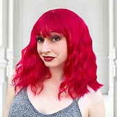 baratos Perucas de Carnaval-Perucas Laranja Vermelha para Mulheres Curta Ondulada Bob com Franja Peruca Cacheada Ruiva Comprimento até o Ombro Cabelo Vermelho Cobre 14 Polegadas Peruca Sintética Colorida para Cosplay Uso Diário