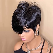 baratos Perucas capless de cabelo natural-peruca bob de onda curta cabelo humano corte pixie peruca para mulheres peruca dianteira rendada com franja ondas em camadas peruca completa feita à máquina 1b cor
