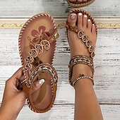 cheap Vacation Sandals-Women&#039;s Bohemian Beaded Sandals - Handmade Floral Embellished Flat Sandals for Summer Beach and Casual Wear