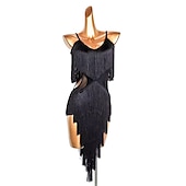 cheap Latin Dancewear-Latin Dance Dress Fringed Tassel Pure Color Splicing Women&#039;s Performance Party Sleeveless Polyester