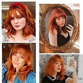 baratos Perucas de Carnaval-Perucas Laranja Vermelha para Mulheres Curta Ondulada Bob com Franja Peruca Cacheada Ruiva Comprimento até o Ombro Cabelo Vermelho Cobre 14 Polegadas Peruca Sintética Colorida para Cosplay Uso Diário