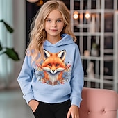 billiga Flickans 3D-djur-Flickor 3D Grafisk Tecknat Räv Huvtröja Långärmad 3D-tryck Sommar Vår Höst Aktiv Mode söt stil Barn 3-12 år Utomhus Ledigt Dagligen Normal