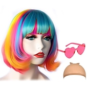 billige Karnevalsparykker-kort bob hår parykker rett med flat smell syntetisk fargerik cosplay daglig fest neon parykk for kvinner (kun parykker)