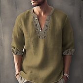 cheap Ethnic Pattern-Men&#039;s Ethnic Shirt Linen Shirt Long Sleeve Fashion Streetwear Designer Outdoor Daily Going out Spring &amp; Summer Stand Collar Print Yellow Light Green Pink Red Navy Blue