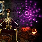 baratos Halloween interno-Luzes de teia de aranha de Halloween 60 LED com aranha preta à prova d&#039;água luzes de rede roxas controle remoto alimentado por USB 8 modos teia de aranha para decoração de quintal de festa iluminação