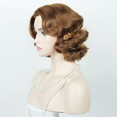 tanie Peruki historyczne-Brązowa falista peruka flapper z lat 1920 peruka vintage palcowa boczny przedział fala z lat 1960 falista peruka kostiumowa peruka (tylko peruki) na Halloween