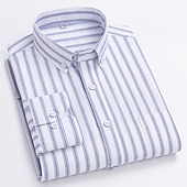 cheap Men&#039;s Oxford Shirts-Men&#039;s Dress Shirt Striped Shirt Button Down Shirt Non Iron Shirt Oxford Shirt Plaid / Striped / Chevron / Round Wedding Office &amp; Career Light Blue White Dark Navy Navy Blue Long Sleeve Shirt Collar