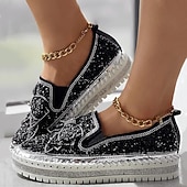 abordables Zapatillas de mujer-Zapatillas sin cordones con brillantes diamantes de imitación para mujer: mocasines con plataforma y lazo con purpurina para fiestas, ropa informal y de calle