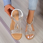 baratos Sandálias de Férias-sandálias rasteiras femininas com strass dourados e tira elástica – sapatos de verão elegantes e confortáveis para uso casual e de festa