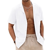 ieftine Business Casual-Bărbați cămașă de in Cămașă de vară Cămașă de plajă Camașă cu nasturi Simplu Vacanță Hawaiian Negru Alb Roz Îmbujorat Albastru piscină Manșon scurt Rever Primavara vara Îmbrăcăminte De Bază