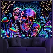 baratos tapeçarias de parede de halloween-Tecido de Halloween com Crânio Esqueleto Blacklight UV Reativo Estampa Psicodélica Cogumelo Pendurado Tecido de Parede Mural para Sala de Estar Quarto Decorações