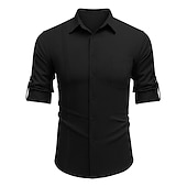 cheap Vacation-Men's Shirt Guayabera Shirt Linen Shirt Button Up Shirt Summer Shirt Beach Shirt Black White Navy Blue Long Sleeve Plain Turndown Spring &amp; Summer Casual Daily Clothing Apparel Patchwork