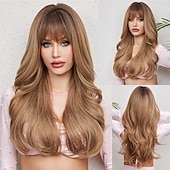 economico Parrucche trendy sintetiche-parrucca bionda ombre lunga dritta con frangia radice scura capelli lunghi con frangia aspetto naturale parrucca sintetica resistente al calore festa di gioco quotidiana adatta a donne alla moda 20