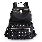 abordables Sacs à Dos de Mode-Sac à dos en nylon matelassé noir pour femme avec fermetures éclair dorées et poche avant cloutée – sac léger et élégant pour l&#039;école, le travail ou un usage quotidien