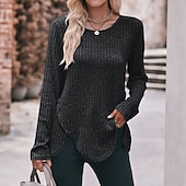 preiswerte Damen Einfache Oberteile-Damen T Shirt Burgunderrotes T-Shirt Glatt Basic Langarm Rundhalsausschnitt Normale Oberteile Täglich Wochenende Schwarz Wein Blau Grün Grau Herbst Winter