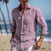 economico Vacanza-Per uomo Camicia camicia di lino Camicia estiva Abbigliamento mare Camicia con bottoni Liscio Da mare Curise Giallo Blu marino Manica lunga Collo ripiegabile Primavera estate Abbigliamento