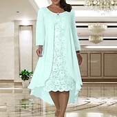 billiga Med jacka-Strandbröllop tvådelad A-linjeformad klänning för brudens mor bröllopsgäst elegant plus size juvelhals te-längd chiffong spets kortärmad jacka klänningar med enfärgad gratis anpassad storlek