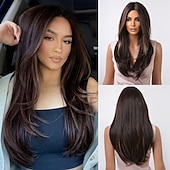 economico Parrucche trendy sintetiche-parrucche castane per donna parrucca sintetica a strati lunghi e lisci capelli naturali parte centrale