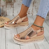 billige Ferietøfler-Damesandaler med metallisk gullfarget espadriller i kunstskinn med åpen tå og spenne, uformelle sommerkilesko for ferie, strand og hverdagsantrekk.