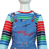 olcso Férfi jelmezek-szett Chucky jelmez jumpsuit környakú pulóver narancssárga paróka 3 db film tv téma Chucky cosplay jelmez ruhák felnőtteknek gyerekek unisex férfiak nők fiúk lányok ijesztő babák cosplay jelmez