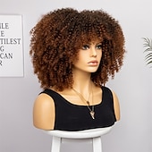 baratos Perucas de festa-perucas afro curtas e cacheadas com franja para mulheres negras perucas afro marrom crespo e cacheado para mulheres negras perucas sintéticas resistentes ao calor perucas marrons fofas perucas de