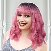 baratos Perucas de Carnaval-Perucas Laranja Vermelha para Mulheres Curta Ondulada Bob com Franja Peruca Cacheada Ruiva Comprimento até o Ombro Cabelo Vermelho Cobre 14 Polegadas Peruca Sintética Colorida para Cosplay Uso Diário
