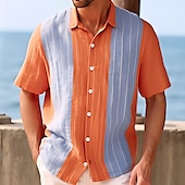 economico camicia da uomo con bottoni-Per uomo Camicia Camicia Estiva Camicia casual Camicia da Spiaggia Camicia con Bottoni Arancione Manica Corta Blocco di colori A righe Bavero Vacanza Quotidiano Abbigliamento Cotone Misto Cotone Moda