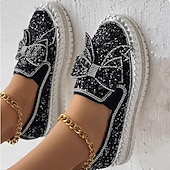 abordables Zapatillas de mujer-Zapatillas sin cordones con brillantes diamantes de imitación para mujer: mocasines con plataforma y lazo con purpurina para fiestas, ropa informal y de calle