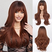 economico Parrucche trendy sintetiche-parrucca bionda ombre lunga dritta con frangia radice scura capelli lunghi con frangia aspetto naturale parrucca sintetica resistente al calore festa di gioco quotidiana adatta a donne alla moda 20