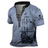 olcso Vintage&amp;amp;Retro-Férfi Grafika Hajó Henley ing Rövid ujjú 3D nyomtatás Divat Alkalmi Kényelmes Szabadtéri Napi Alkalmi Nyár Sötétbarna Arcpír rózsaszín Rubin Sötétkék Medence Henley Henley póló