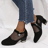 cheap Ankle Boots-Women&#039;s Mesh Panel Chunky Heel Dress Shoes - Elegant Black Formal Pumps with Zipper and Ring Detail
